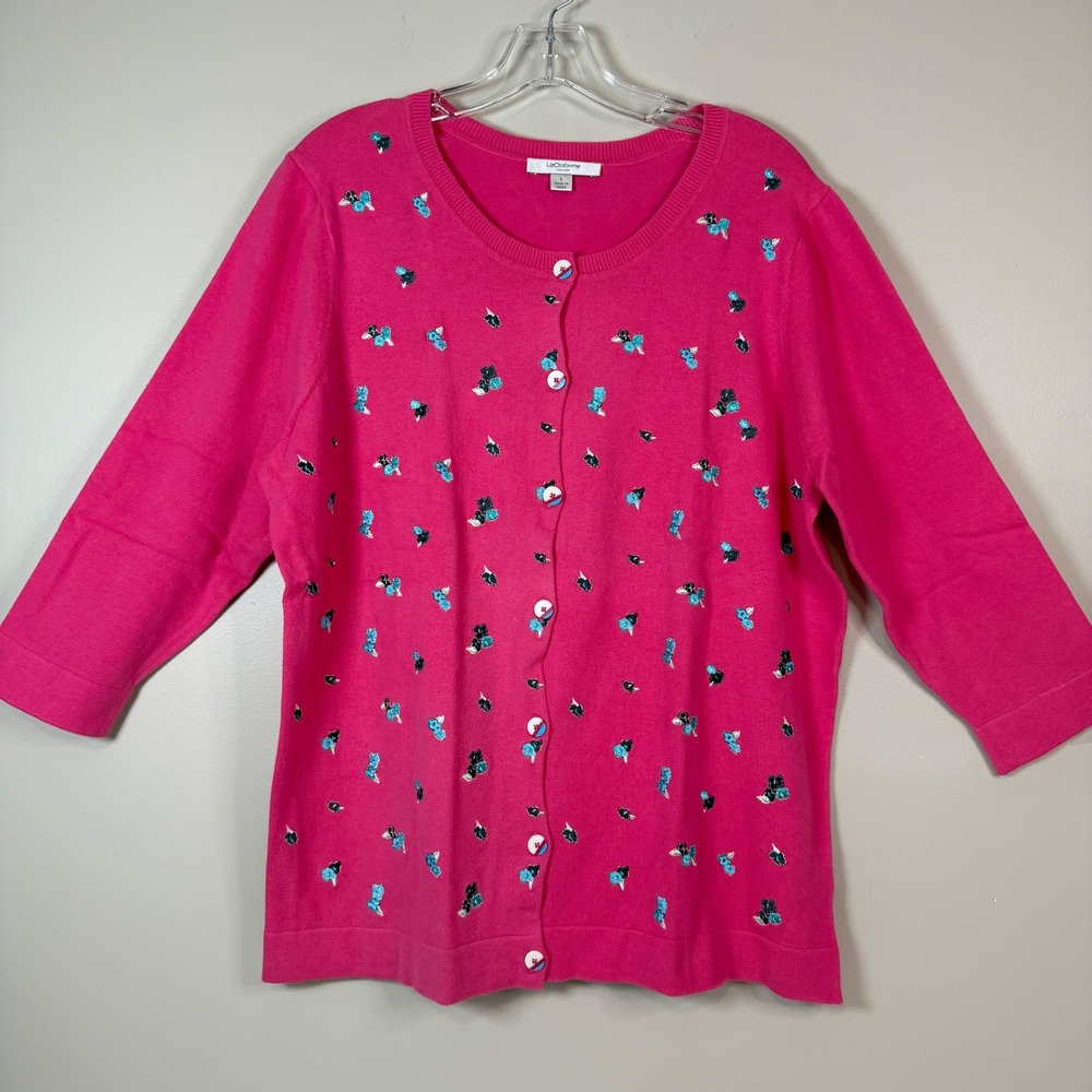 Liz Claiborne Cardigan Sweater LG Embroidered 3/4‎ Sleeve Novelty Bright